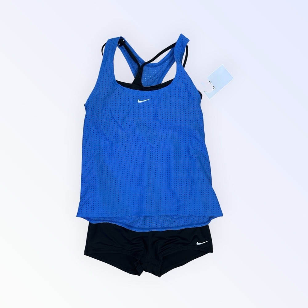 Nike Tankini Top Womens SMALL Blue Stretch Built In Bra Crossback Swimwear